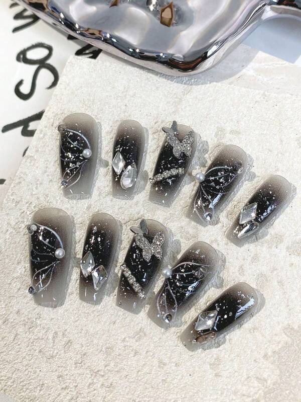 10pcs/Set Long Coffin Fake Nails, Handmade Classic Dark Black Gradient Tie Dye Butterfly Silver Foil Metal Glitter Crystal Decoration Full Cover False Nail Tips, Elegant Ballet Nail Decor, Fashion Accessories Suitable For Party, Ceremony, Daily Wear. Comes With 1pc Nail File, 1pc Push Stick
