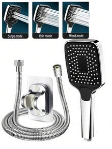 Tatukiko 3件套，高压手持花洒，3种喷淋模式，配1.5米花洒软管和粘性支架，浴室配件，浴室工具 - 銀色 - 查看 8