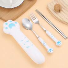 2/3pcs Stainless Steel Portable Tableware Fork Spoon Set With Cute Cat Claw Box - Durable, Easy-To-Clean, Ergonomic Coffee And Dessert Spoons For Home, Kitchen, And Restaurant Use With Adorable Cat-Shaped Design, Back To School