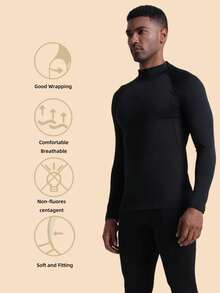 高弹速干压缩高领长袖男士塑身衣上衣，运动健身紧身衬衫 - 黑色 - 查看 5