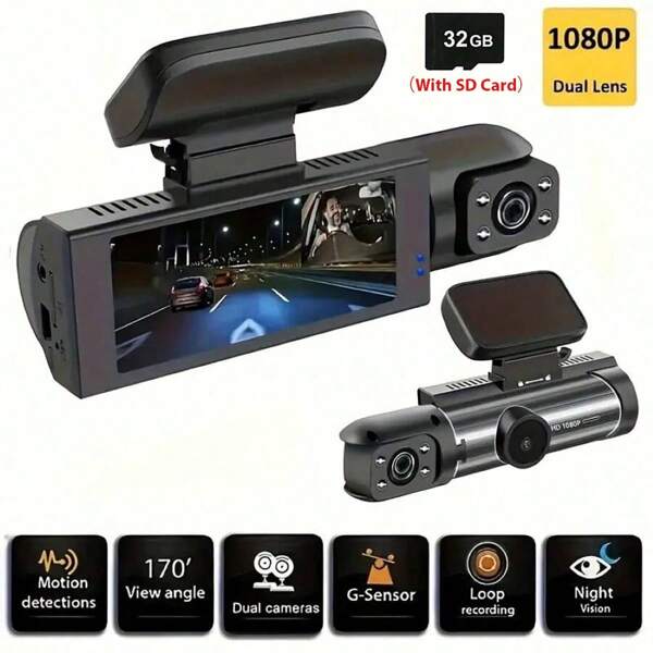 Dual Lens Dash Cam With Night Vision, Dual 1080P Front And Embedded Cameras, Wide Angle Car DVR, 3.16" IPS Screen, 24-Hour Motion Sensor Parking Mode, 32GB Memory Card Loop Recording Battery Capacity 150mAh