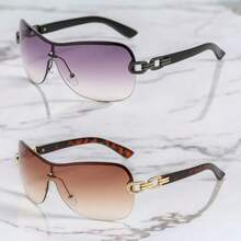 2pcs Y2K Futuristic Fashion Glasses Wraparound Chain Link Anklet Wraparound Shape Shades - 2pc (double Tea and Double Gray) - View 2