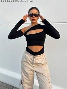 Suplex Long Sleeve Asymmetric Cut Bodysuit - Black - View 3