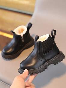 1pair Fashion Cute Solid Warm Fleece Short Boots For Toddlers, Boys & Girls