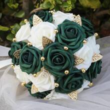 1束深绿色玫瑰花束，饰以金色仿珍珠和叶子，缎带装饰，新娘伴娘婚礼人造PE泡沫玫瑰花束，含永生花PE 2023G，情人节配饰 - 直徑20cm 高25cm - 查看 13