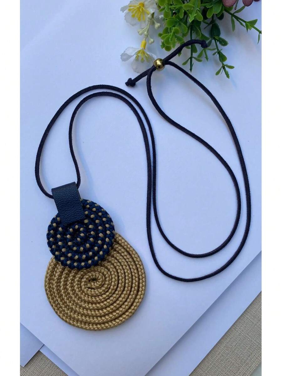 Women's Long Necklace Color Handmade Mandal Pendant - 6.米色圓點/藍色 - 查看 1