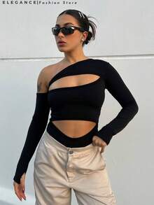 Suplex Long Sleeve Asymmetric Cut Bodysuit - Black - View 1