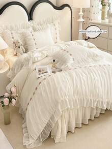 3 件套韩式公主风格蕾丝床上用品套装，白色蝴蝶结羽绒被套和枕套 - 白色 - 查看 3