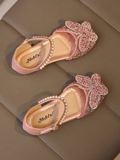 1 Đôi Giày Sandal Đế Bằng Đính Ngọc Trai & Đá Rhinestone Trang Trí Đa Năng Màu Hồng Cho Bé Gái Dễ Thương, Mũi Tròn, Thích Hợp Mặc Hàng Ngày, Khiêu Vũ, Ngoài Trời Vào Mùa Xuân Và Mùa Thu, Giày Công Chúa Mũi Kín Trang Trí Lấp Lánh, Nhỏ Hơn Một Nửa Kích Thước