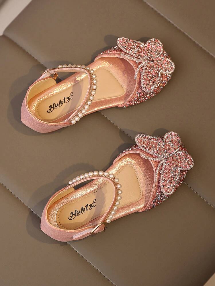 1 Pair Fashion Versatile Pink Girl Pearl & Rhinestone Bow Decor Cute Flat Sandals, Round Toe, Suitable For Daily Wear, Dancing, Outdoor In Spring And Autumn, Glitter Decoration Closed Toe Princess Shoes, Run Small By Half Size - Pink - View 7