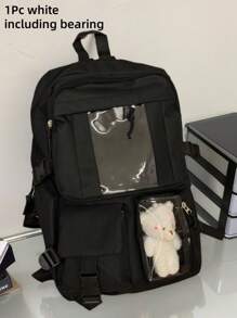 1PC Cute Kawaii Simple Solid Color Backpack Classic Basic Large Capcity School Bag New School Season Cute Cartoon Fashion Girl Backpack, Multi-Pocket Multi-Function Bear Pendant Is Very Suitable For Traveling And School Backpack, Suitable For Back To School Season,Large Capacity. Give Gifts To Friends, Back To School, School, Travel, Shopping, For Outdoor Daily Use.