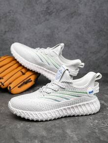 男士时尚撞色条纹网眼低帮系带休闲运动鞋，户外舒适软底轻便步行增高情侣跑步鞋