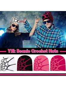 1/2 Piezas Gorros Y2K con patrón de tela de araña - Gorros góticos de acrílico tejido para uso casual y exterior para hombres - Multicolor - Ver 3