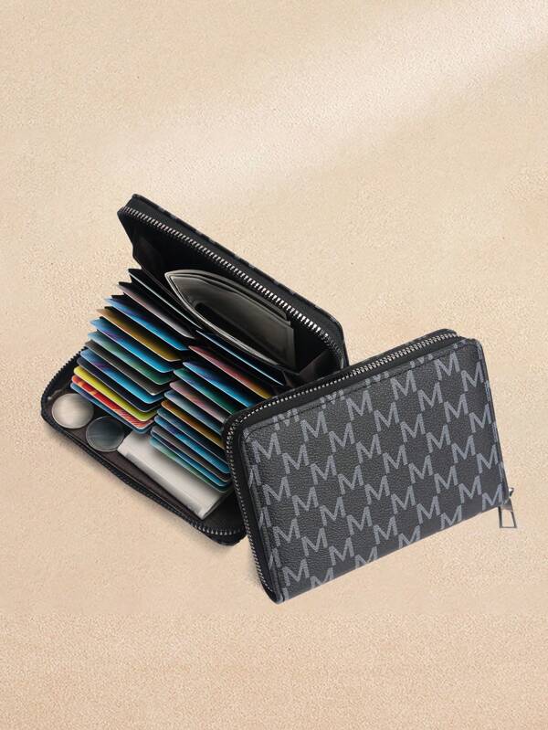 HOVI'S 1 stuk [14 cm M monogram kaarthouder] + [PU leren ritssluiting] + [20+ vakken organizer] + [munt- en contant geldvak] voor dagelijks gebruik op kantoor (14 x 10 x 1,9 cm) Zwarte kaarthouder accessoires