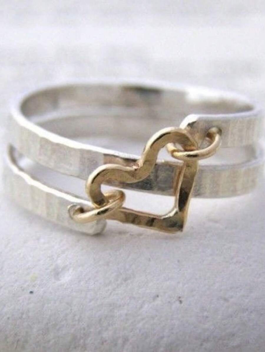 Minimalist Creative Gold Heart Spiral Embossed Silver Ring, Personalized Jewelry Accessory, Suitable For Women's Everyday And Party Wear