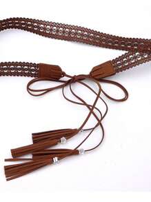 NIUKUAN 1pc Women's Brown Hollow Out Extra Long Waist Rope, Handmade Waist Belt, Suitable For Dresses, Vintage Hanfu Accessory