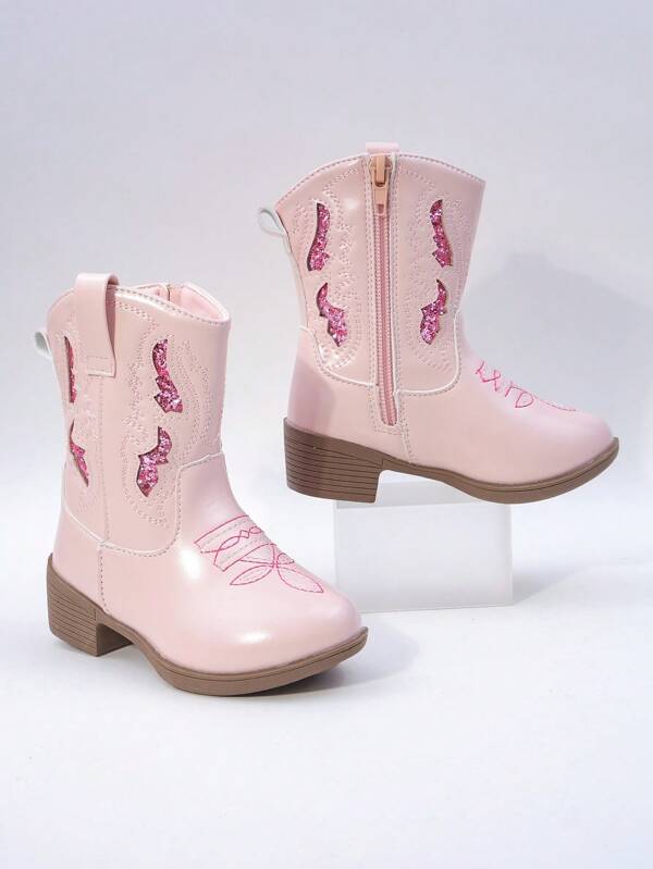 Girls' Fashion Embroidered High Heel Mid-Calf Boots, Patchwork Round Toe Zipper Side