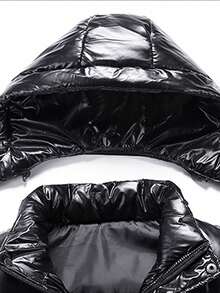 男士长袖亮面PU皮革绗缝外套，保暖冬季休闲通勤街头服饰，可拆卸帽子设计 - 黑色 - 查看 7