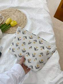 米色可爱黄色花朵图案灯芯绒化妆包手提包化妆包面料舒适大容量耐用便携式旅行收纳包带拉链洗漱包宿舍必备化妆工具化妆包女孩礼物旅行必备品假期暑假返校学校用品包女士旅行包旅行化妆包 - 彩色 - 查看 4