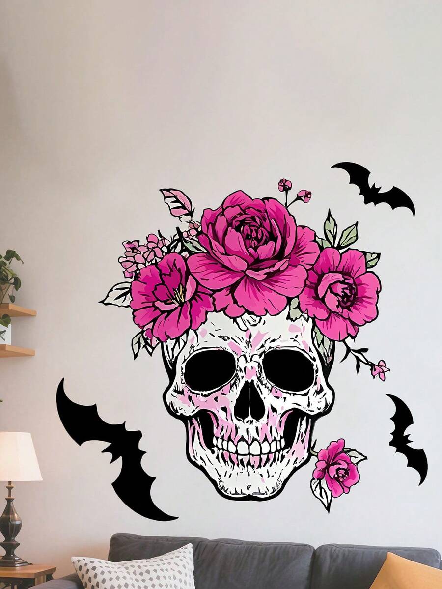 1 件粉色花朵骷髅墙贴 14.96 * 13.7 英寸 适用于卧室客厅书房墙壁装饰墙贴贴纸趣味生日礼物节日装饰贴纸壁纸墙纸房间装饰厨房客厅装饰家居装饰万圣节装饰秋季装饰万圣节装饰万圣节装饰 - 彩色 - 查看 1