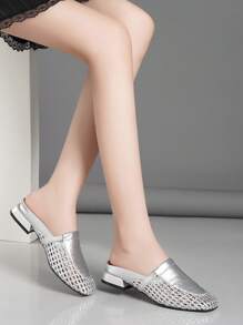 Women Summer Goldtone Slide Sandals / Hollow Breathable Flat Slip-On / Women Woven Silver Flat Sandals