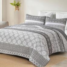 Boho Quilt Set King, Blue Bohemian Striped Patchwork Bedspread Coverlet Set With 2 Pillowcases, Lightweight Microfiber Floral Bedding Set 104*90, Boho Style - Xám - Xem 1