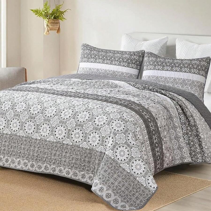 Boho Quilt Set King, Blue Bohemian Striped Patchwork Bedspread Coverlet Set With 2 Pillowcases, Lightweight Microfiber Floral Bedding Set 104*90, Boho Style - Xám - Xem 1