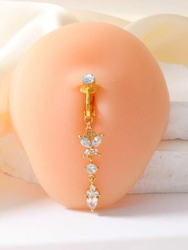 1pc Surgical Steel Gold Plated Belly Button Piercing Navel Ring With Rhinestones, Hypoallergenic Navel Piercing Zirconia Jewelry For Women, Western Style Gold/Silver/Pink Fake Belly Rings