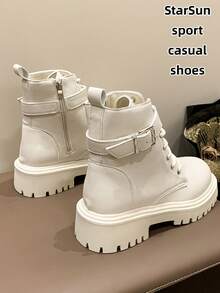 Damen Metall Schnalle Schnürstiefel mit rundem Zehenbereich, Plateau-/Blockabsatz, Lederoberfläche, wasserdicht, leicht zu reinigen, Gummisohle, rutschfest, verschleißfest