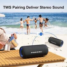 Altavoces portátiles Passau Bluetooth con 40 W de potencia máxima, sonido estéreo potente, radiadores pasivos, graves profundos, autonomía durante todo el día, correa ajustable, BT 5.3, IPX5, altavoz inalámbrico con luces RGB para interiores y exteriores - Negro - Ver 5