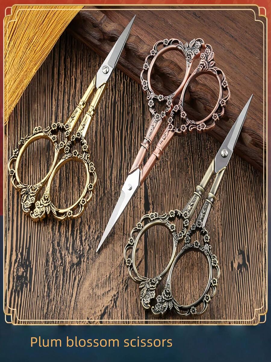 1 件不锈钢镂空梅花图案迷你剪刀，复古风格，适合刺绣、茶道