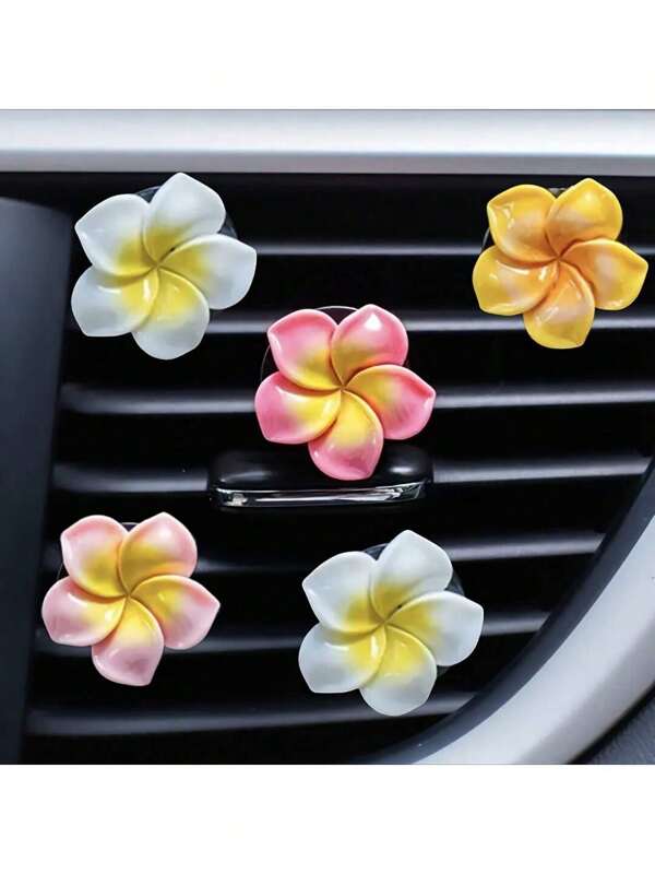 5pcs Vibrant Bauhinia And Hibiscus Flowers Carry A Solid Fragrance In The Car Air Vents, Pink, Yellow, And White Floral Car Interior Decorations, Fashionable Women's Car Air Vent Decorative Clips,