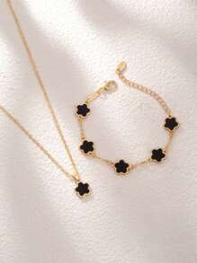 2pcs/Set, 1pc Pendant Necklace + 1pc Bracelet, Fashionable Minimalist Gold-Color Star Flower Oval Pendant, Suitable As Girlfriend, Wedding, Graduation, Date Gift - Black - View 9