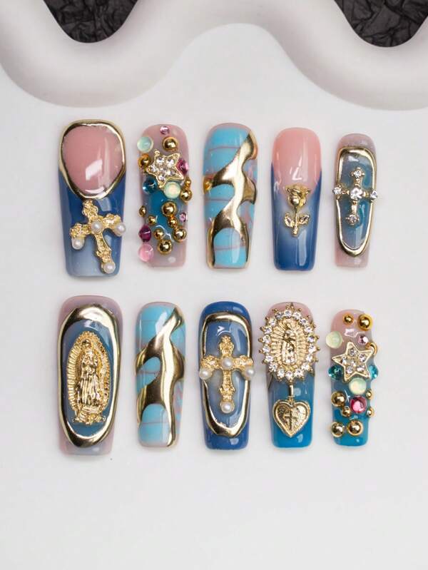 10pcs/Set Handmade Square Y2K Baddie Acrylic Nails With French Tips, Rhinestones, Cross, Heart, Star, Golden Rose, Snake Skin, Asymmetrical Liquid Metal Design, In Nude, Blue, Gold Colors, Gift For Women & Girls, Includes Tool Kit, Suitable For Party, Dance, Daily Wear