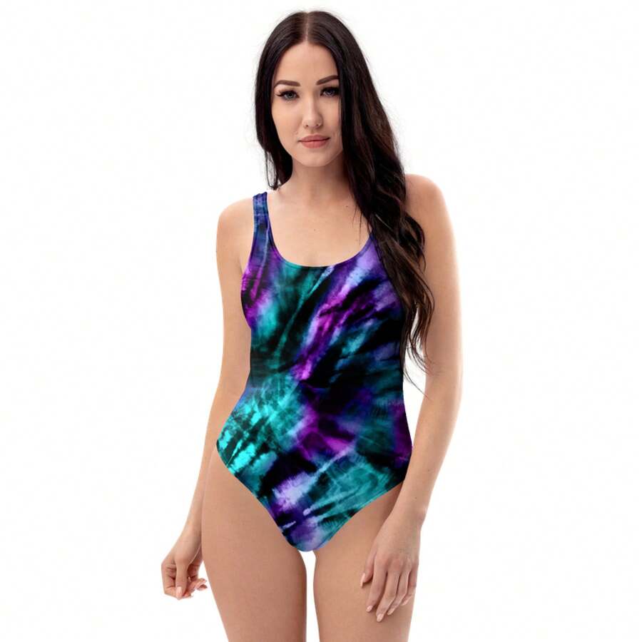 Traje de baño de mujer de tirantes en color morado con efecto tie-dye, traje de baño hippie de los años 60, 70 y 80 para la playa - Estilo #1 - Ver 1