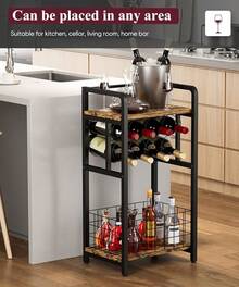 3-Tier Wine Rack Standing Floor With Wood Top, Liquor Stand With Wine Bottle Holder, Corner Wine Bar Table For Small Space, Metal Whiskey Shlef For Kitchen, Cellar, Living Room, Black - Black - View 7