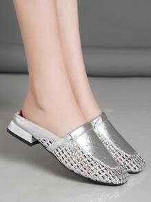 Women Summer Goldtone Slide Sandals / Hollow Breathable Flat Slip-On / Women Woven Silver Flat Sandals