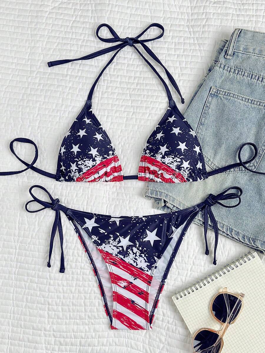 Sexy Women's Halter Backless Lace Up Bikini Set With American Flag Print For Summer Beach Wear - Navy Blue - View 1
