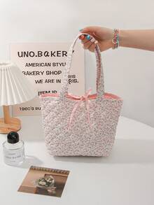 1 件绗缝女士迷你手提包粉色蝴蝶结印花购物手提包清新碎花午餐包非隔热午餐包食品收纳包大容量单肩包轻便旅行化妆品收纳包花卉化妆包