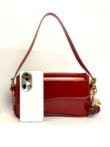 1 件女士 PU 皮革小方包，酒红色，多功能漆皮迷你钱包，Y2K 单肩包/腋下包/斜挎包，配有樱桃吊坠