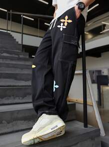 1 件男士多口袋工装裤，宽松版型，十字彩色印花设计，适合海滩、日常通勤、运动户外，休闲直筒裤，时尚街头服饰，送给男朋友/丈夫的礼物，纪念礼物