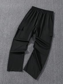 1 件男士多口袋工装裤，宽松版型，白色标签装饰，适合海滩、日常通勤、运动、户外的休闲裤，宽松直筒裤，时尚街头服饰，送给男朋友/丈夫的礼物，纪念礼物 - 黑色 - 查看 6