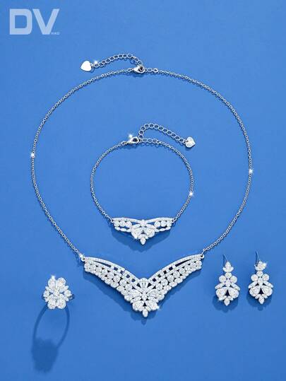 DV JEWELRY 5pcs Set Women's Luxury Cubic Zirconia Plated Platinum Necklace Bracelet Earrings Open Ring Jewelry Set, Perfect For Dates, Party, Anniversary