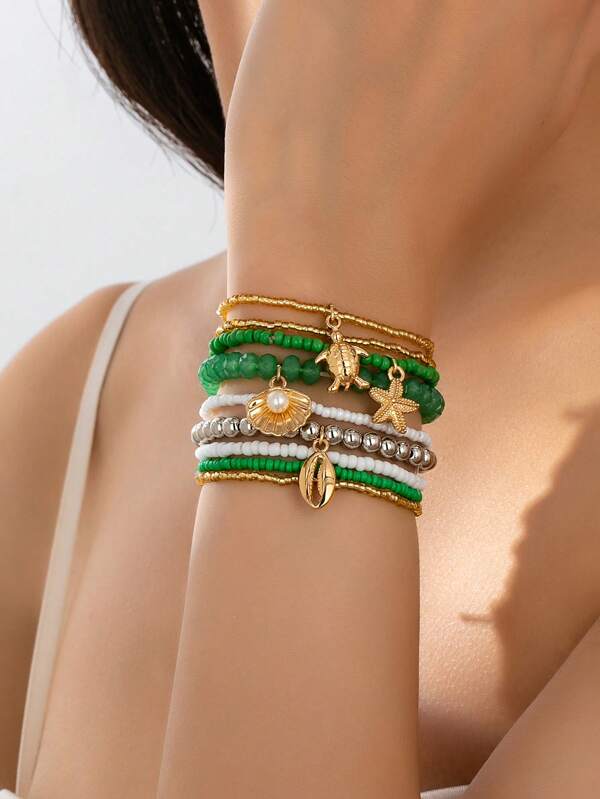 1 set de pulsera elástica con colgante de tortuga marina, estrella de mar y concha de perla de imitación, para el verano