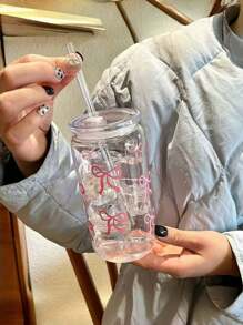 1 Piece Bow Printed Water Cup With Lid And Straw, 16 Oz Canned Water Cup, Ice Coffee Cup, Suitable For Tea, Juice, Milk, Birthday Gift, Suitable For Office, Restaurant, Classroom, Picnic, Party, Valentine's Day And New Year.