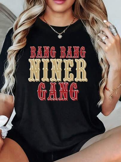 1pcs Bang Bang Niner Gang Women's 100% Cotton Casual Tee, 220g Vintage Style Digital Print TShirt, Short Sleeve Loose Fit Summer Top