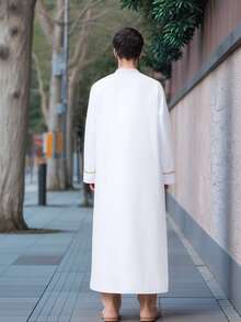 Túnica larga árabe para hombres, diseño de cuello alto, tela suave y agradable para la piel, adecuada para ocasiones diarias como Eid, Ramadán, bodas - Blanco - Ver 3