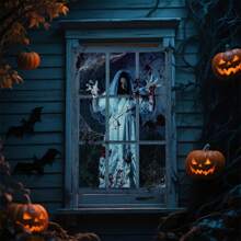 万圣节鬼魂窗户/门挂饰，适合鬼屋派对，无需电力，室内/室外装饰，易于安装，增添恐怖氛围，轻质材料，恐怖主题 - 杏色 - 查看 5