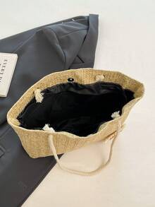 女士大容量编织托特包，2024新款时尚单肩/腋下/手提休闲时尚包 - 卡其色 - 查看 6