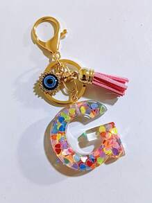 1 pieza Llavero con inicial de alfabeto, llavero de pompón de peluche lindo, accesorio colgante para bolso, mochila, coche, mujer y niña. Llavero de resina con lentejuelas, accesorios para billetera y bolso, llavero con borlas, inicial de alfabeto de la A a la Y, accesorios para coche, ideas de regalo de Navidad gótico y Y2K